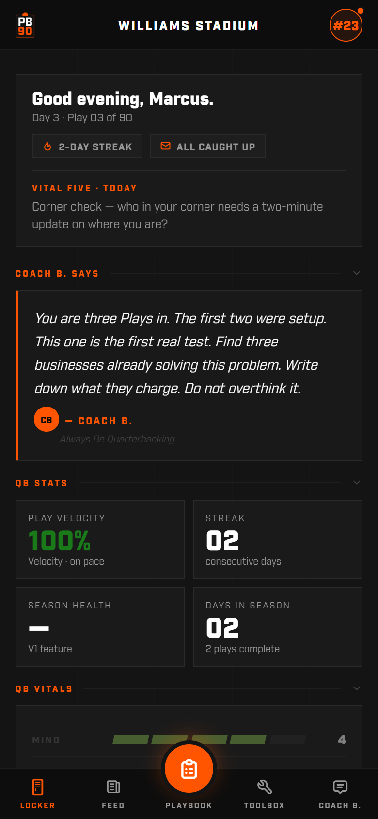PLAYBOOK90 app screen